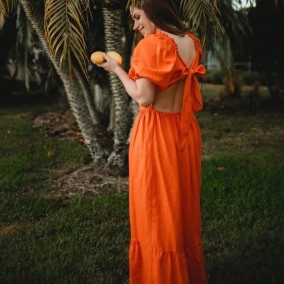 Who What Wear Open Back Tie Puff Sleeve Linen Blend Midi Dress Orange Size XS - Picture 3 of 16